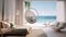 Illustrate a coastal-inspired luxury bedroom with a beachfront view, soft pastel hues, and a comfortable hammock chair for