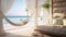 Illustrate a coastal-inspired luxury bedroom with a beachfront view, soft pastel hues, and a comfortable hammock chair for