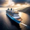 illustrate a drone capturing breathtaking aerial views of an empty cruise ship sailing in the open