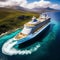 illustrate a drone capturing breathtaking aerial views of an empty cruise ship sailing in the open