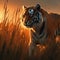 Illustrate a fierce tiger prowling through tall grasses as the sun sets in the background,