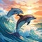 Illustrate a group of playful dolphins leaping joyfully out of the azure waves of the ocean by AI generated