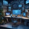 Illustrate a hacker\\\'s den, filled with floating screens and interfaces that defy gravity