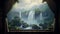 Illustrate the majestic sight of a waterfall seen through a window, with cascading water, mist