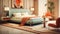 Illustrate a mid-century modern luxury bedroom with iconic furniture pieces, a retro color palette, and a sunken bed for a chic,