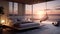 Illustrate a modern beach house bedroom with open-air architecture, a suspended bed, and unobstructed views of the ocean and the