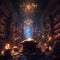 Illustrate a mystical library filled with ancient, glowing books."