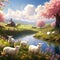 illustrate a peaceful countryside scene with lambs chicks and a rustic easter celebration trend