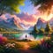 Illustrate a serene peaceful nature scene in summer. This scene inspires peace, awe, and tranquility. Vivid beautiful colors.