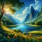 Illustrate a serene peaceful nature scene in summer. This scene inspires peace, awe, and tranquility. Vivid beautiful colors.