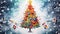 Illustrate a stunning Christmas tree drawing set on a vibrant color table