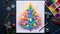 Illustrate a stunning Christmas tree drawing set on a vibrant color table