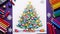 Illustrate a stunning Christmas tree drawing set on a vibrant color table