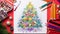 Illustrate a stunning Christmas tree drawing set on a vibrant color table