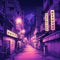 Illustrate Tokyo City by Night with anime and manga-style drawings featuring city views and vibrant purple neon lights. Generative