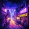 Illustrate Tokyo City by Night with anime and manga-style drawings featuring city views and vibrant purple neon lights. Generative