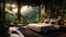 Illustrate a tropical paradise luxury bedroom with a 3D background view of a lush rainforest, bringing the essence of a tropical