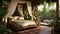 Illustrate a tropical paradise luxury bedroom with a bamboo canopy bed, lush greenery, and a private outdoor terrace with a hot