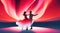 Illustrate a vector scene of a couple dancing under a white and red aurora borealis