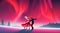 Illustrate a vector scene of a couple dancing under a white and red aurora borealis