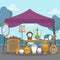 Illustrated antique market with different objects Vector illustration.