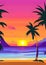 Illustrated Beachscape of Twilight Oasis Sunset with Palm Trees