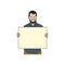 Illustrated bearded man holding blank paper