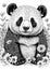 Illustrated black and white coloring book page featuring a panda bear surrounded by flowers