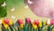 illustrated blooming tulip flowers with butterflies forming a frame
