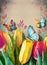 illustrated blooming tulip flowers with butterflies forming a frame