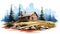 Illustrated Cabin In Western Natural Setting - Vector-style Graphics