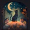 Illustrated cat on hill under a moon at night near houses