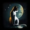 Illustrated cat under moon at night