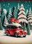 illustrated Christmas background with a red car