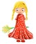 Illustrated cute girl with flowers in red dress with white drops
