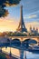 An illustrated depiction of the Eiffel Tower at sunset with the Seine River.