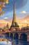 An illustrated depiction of the Eiffel Tower at sunset with the Seine River.