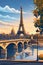 An illustrated depiction of the Eiffel Tower at sunset with the Seine River.