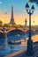 An illustrated depiction of the Eiffel Tower at sunset with the Seine River.