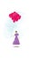 Illustrated girl wearing a purple dress holding balloons.