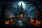 Illustrated Halloween, House on hill, pumpkins, cemetery spooky journey under moonlight