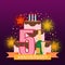 Illustrated image with cake, number five, fireworks and star rain