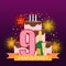 Illustrated image with cake, number nine, fireworks and starry r