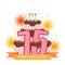 Illustrated image with cake, number seventy-five, fireworks and