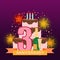 Illustrated image with cake, number three, fireworks and star ra