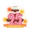 Illustrated image with a cake numbering twenty-five, fireworks a