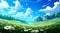 illustrated landscape with a field of white daisies, green grass, a blue sky with fluffy clouds, trees, cliffs, and