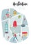 Illustrated Map of Amsterdam with cute and fun hand drawn characters, plants and elements. Color vector illustration