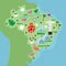 Illustrated map of Brazil with famous symbols and landmarks. Footbal, coffee, carnival woman, and Statue of Christ are