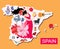 Illustrated map of Spain with flamenco dancer girl and another attractives
